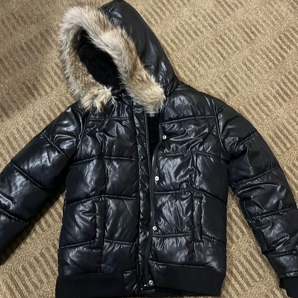 Fur hooded puffer Justice jacket black girls size 14